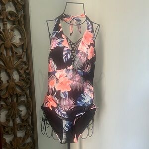 NWT DKNY Floral Halter One-Piece Swimsuit - Black and Pink